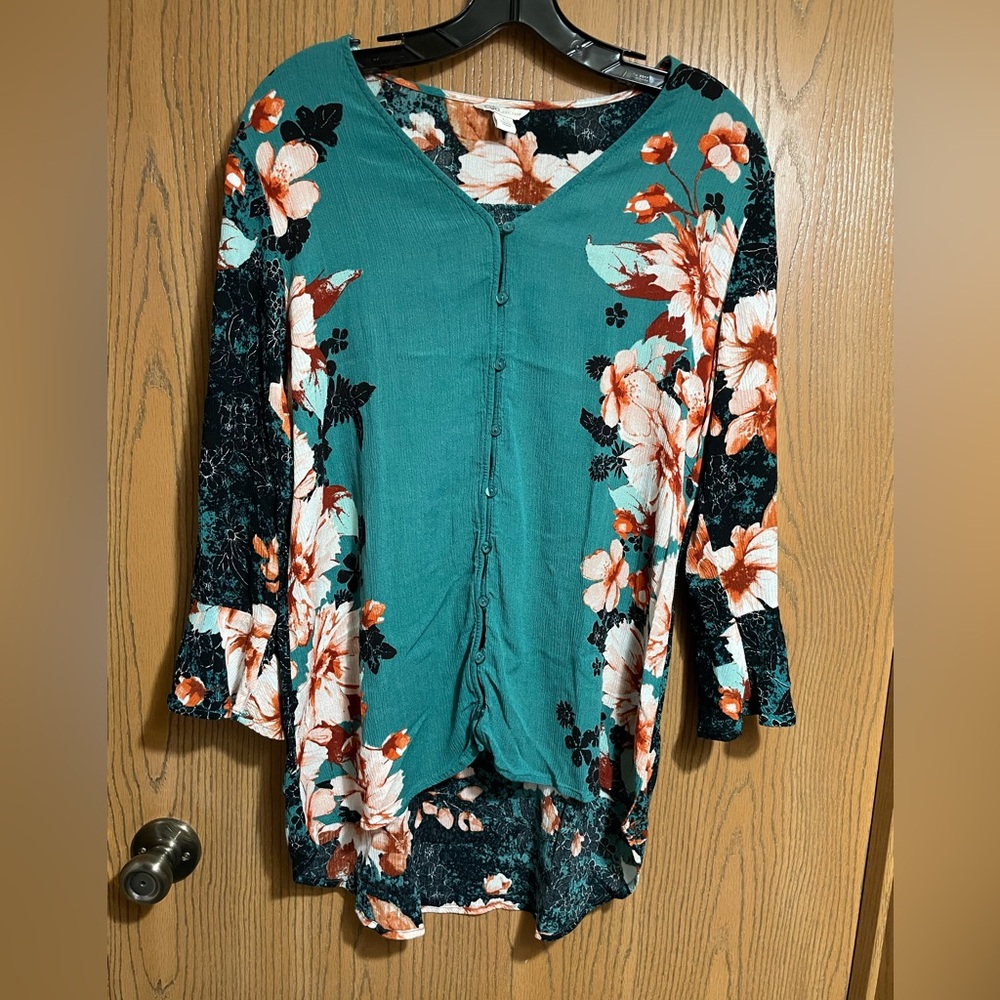Cato Floral Tunic Blouse with Teal and Orange Floral Design